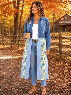 Patchwork Denim Duster, Upcycled Boho Layering Jacket Spring Daisies Size Large
